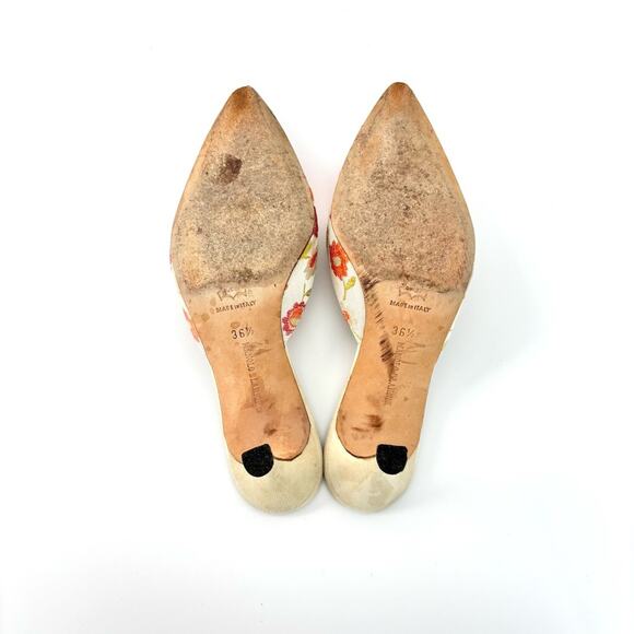 Manolo Blahnik Retro Vintage Floral Applique Pointed Toe Kitten Heel Mules 36.5 - Picture 5 of 6